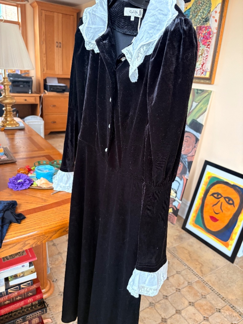 Simply Retro Black Velvet Peter Pan Collar Midi Dress--Small